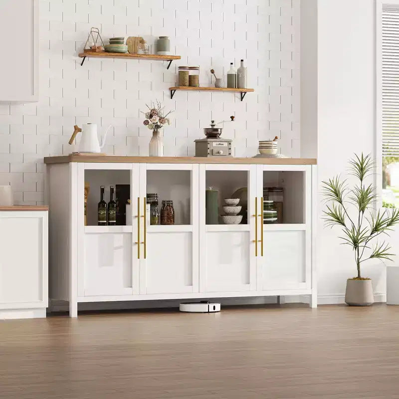 Buffet/Bahut rustique en bois de 55" avec portes vitrées, finition grain de bois naturel, rangement polyvalent pour cuisine, salle à manger et salon