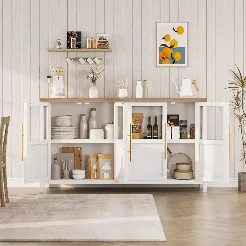 Buffet/Bahut rustique en bois de 55" avec portes vitrées, finition grain de bois naturel, rangement polyvalent pour cuisine, salle à manger et salon