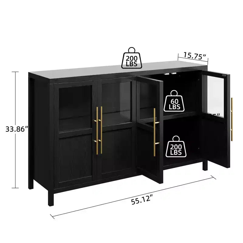 Buffet/Bahut rustique en bois de 55" avec portes vitrées, finition grain de bois naturel, rangement polyvalent pour cuisine, salle à manger et salon