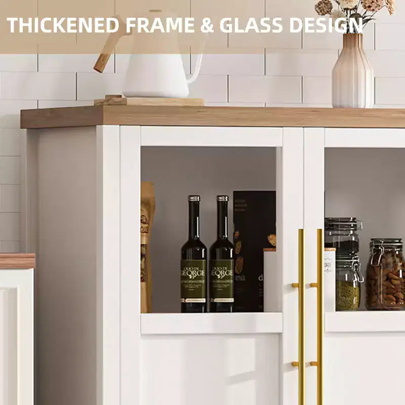 Buffet/Bahut rustique en bois de 55" avec portes vitrées, finition grain de bois naturel, rangement polyvalent pour cuisine, salle à manger et salon
