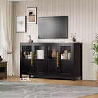 Buffet/Bahut rustique en bois de 55" avec portes vitrées, finition grain de bois naturel, rangement polyvalent pour cuisine, salle à manger et salon