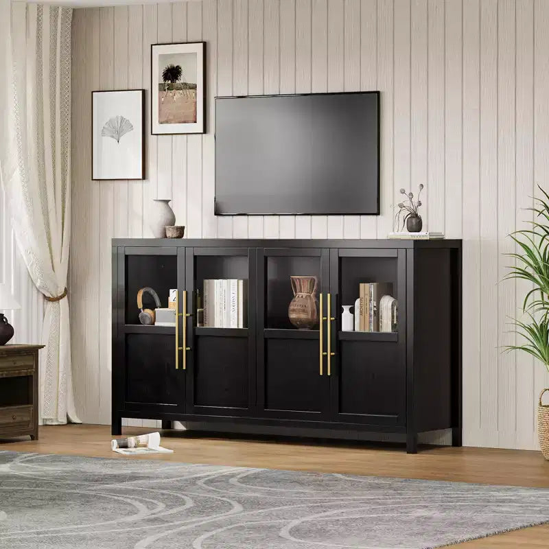 Buffet/Bahut rustique en bois de 55" avec portes vitrées, finition grain de bois naturel, rangement polyvalent pour cuisine, salle à manger et salon