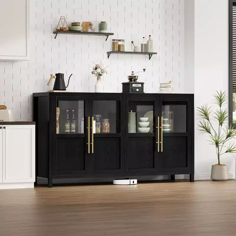 Buffet/Bahut rustique en bois de 55" avec portes vitrées, finition grain de bois naturel, rangement polyvalent pour cuisine, salle à manger et salon