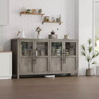 Buffet/Bahut rustique en bois de 55" avec portes vitrées, finition grain de bois naturel, rangement polyvalent pour cuisine, salle à manger et salon