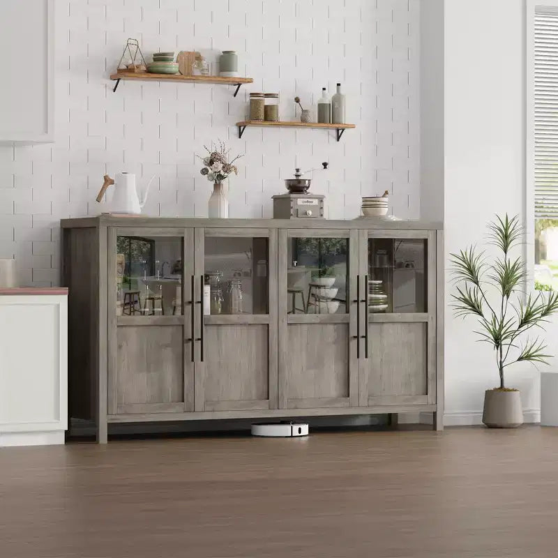 Buffet/Bahut rustique en bois de 55" avec portes vitrées, finition grain de bois naturel, rangement polyvalent pour cuisine, salle à manger et salon