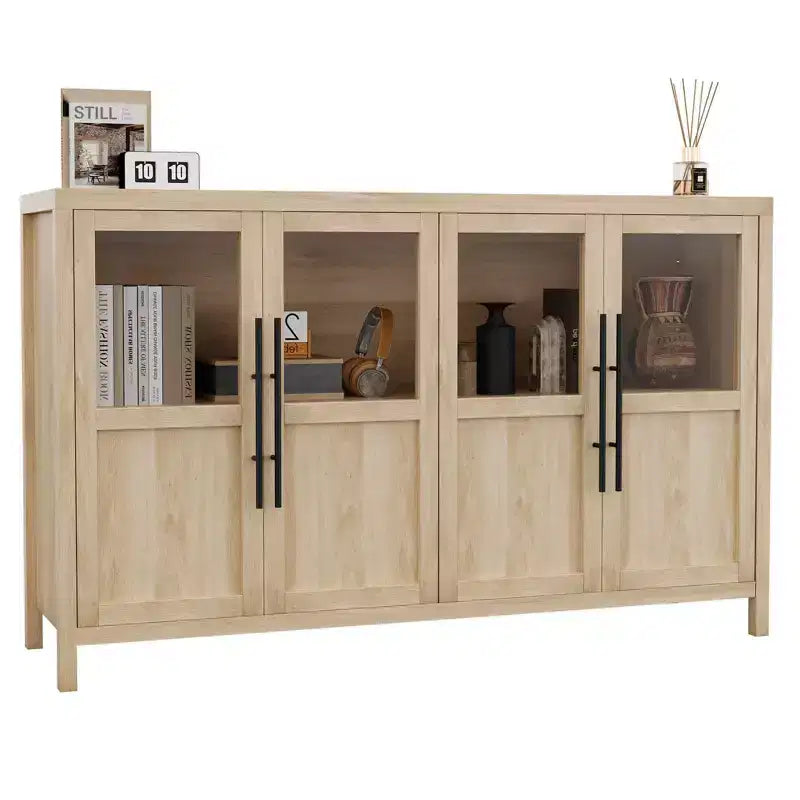 Buffet/Bahut rustique en bois de 55" avec portes vitrées, finition grain de bois naturel, rangement polyvalent pour cuisine, salle à manger et salon