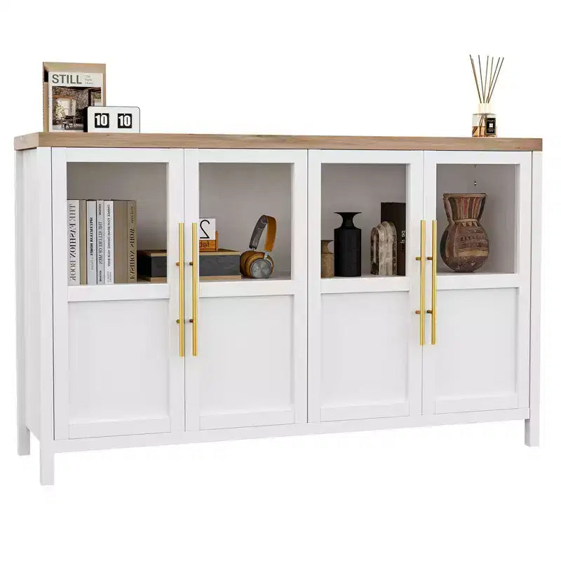 Buffet/Bahut rustique en bois de 55" avec portes vitrées, finition grain de bois naturel, rangement polyvalent pour cuisine, salle à manger et salon