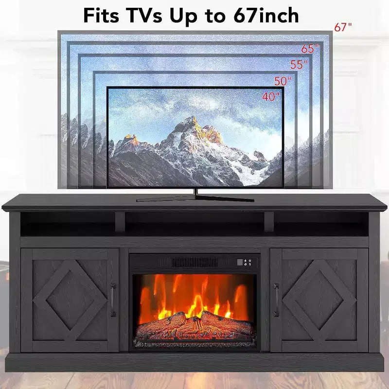 Meuble TV 67 po avec cheminée, meuble de divertissement lumineux à DEL pour téléviseurs jusqu'à 80 po, console TV pour salon avec meuble de rangement