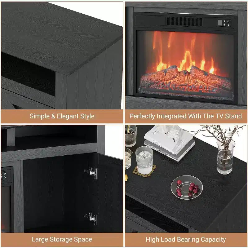 Meuble TV 67 po avec cheminée, meuble de divertissement lumineux à DEL pour téléviseurs jusqu'à 80 po, console TV pour salon avec meuble de rangement