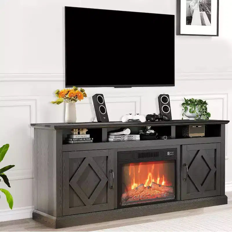 Meuble TV 67 po avec cheminée, meuble de divertissement lumineux à DEL pour téléviseurs jusqu'à 80 po, console TV pour salon avec meuble de rangement