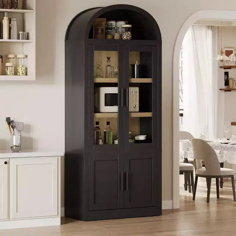 71.4 Arched Farmhouse Bookcase with Glass Doors, Tall Display Cabinet with Wood Grain for Living Room Storage, Modern Rustic Bookshelf