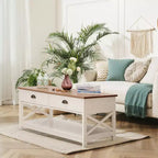 Table basse de ferme Captiva Designs avec étagère de rangement pour salon, table centrale en bois à 2 niveaux avec design en X, ivoire