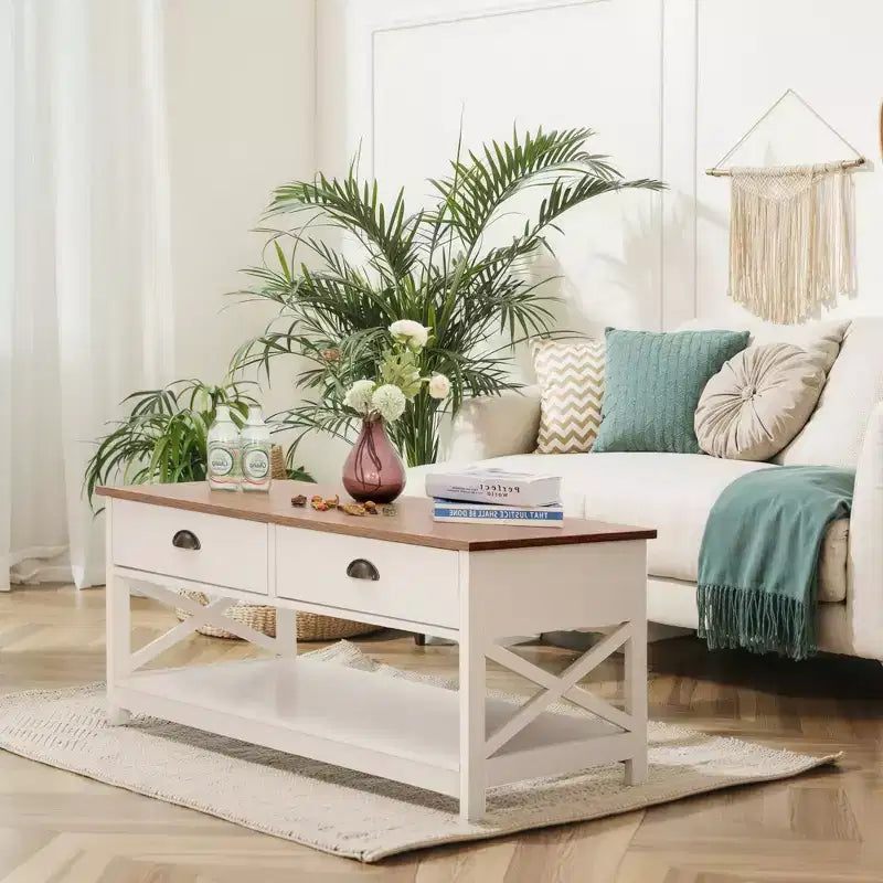 Table basse de ferme Captiva Designs avec étagère de rangement pour salon, table centrale en bois à 2 niveaux avec design en X, ivoire