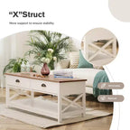 Table basse de ferme Captiva Designs avec étagère de rangement pour salon, table centrale en bois à 2 niveaux avec design en X, ivoire
