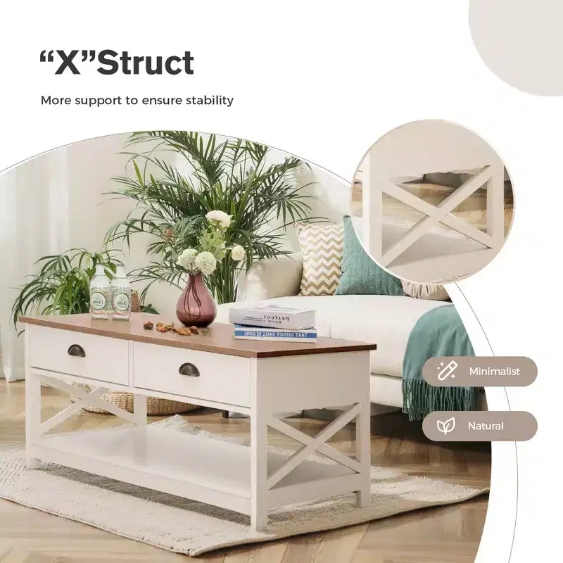 Table basse de ferme Captiva Designs avec étagère de rangement pour salon, table centrale en bois à 2 niveaux avec design en X, ivoire