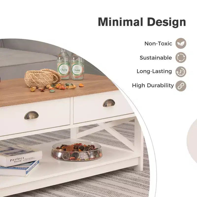 Table basse de ferme Captiva Designs avec étagère de rangement pour salon, table centrale en bois à 2 niveaux avec design en X, ivoire