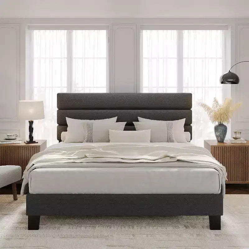 Bed Frame with Adjustable Headboard, Linen Upholstered Platform Bed Frame No Box Spring Needed, Wooden Slats Support, Noise-Free for Bedroom