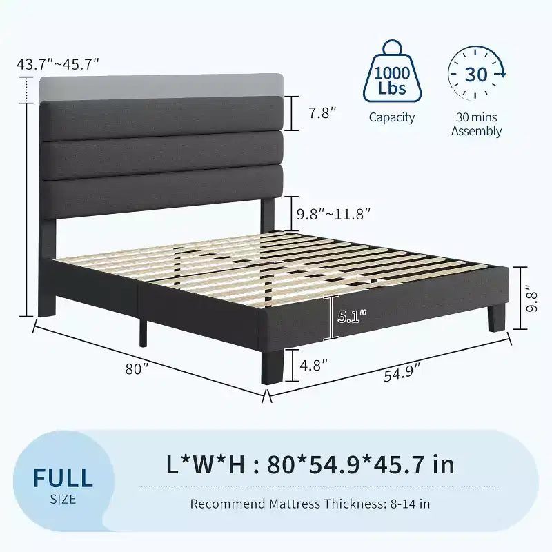 Cadre de lit avec tête de lit réglable, cadre de lit plateforme rembourré en lin sans sommier tapissier requis, support à lattes en bois, silencieux pour chambre à coucher