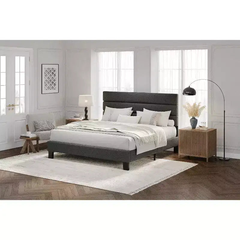 Cadre de lit avec tête de lit réglable, cadre de lit plateforme rembourré en lin sans sommier tapissier requis, support à lattes en bois, silencieux pour chambre à coucher