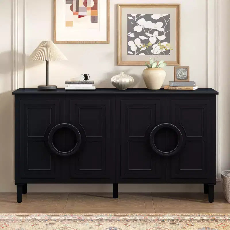 Clihome French Style 4-Door Cabinet with Round Ring Handles, Vintage Storage Cabinet for Classic Interiors