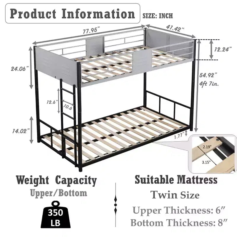 Bellemave Lits superposés jumeaux en métal avec panneaux de ventilation et barrières de sécurité, sans bruit, adaptés aux adolescents, noirs