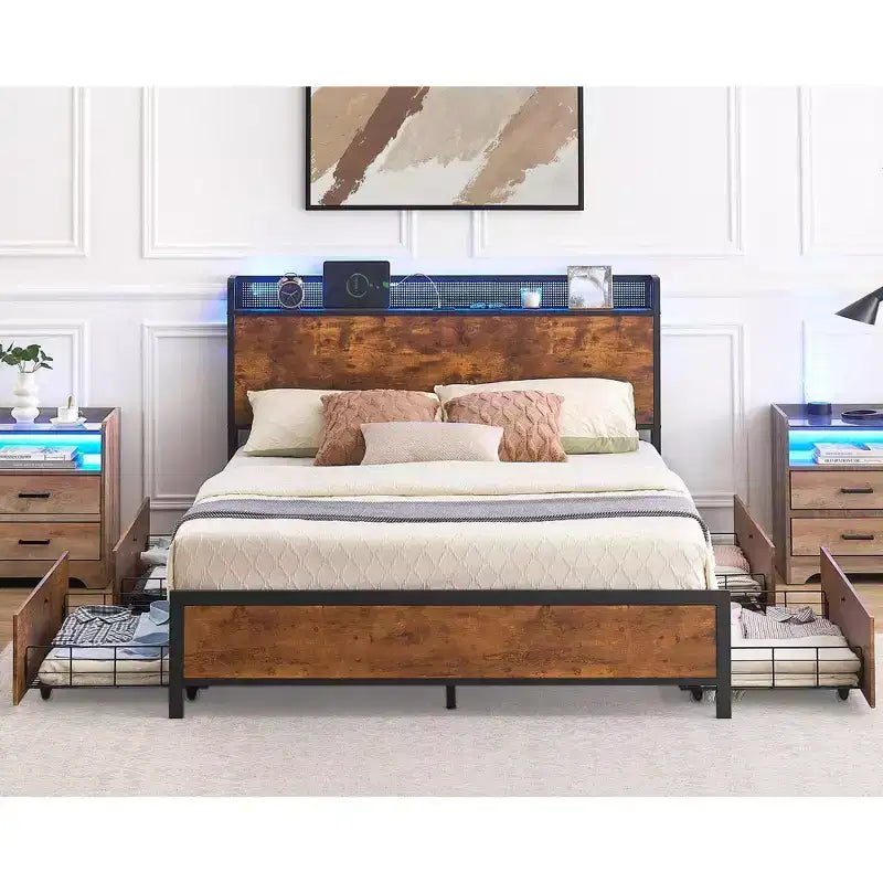 Bed Frame with Storage and Charging Station,with 4 Storage Drawers, Headboard, USB & Type-C Ports, Large Mesh Baskets, No Box Spring Needed