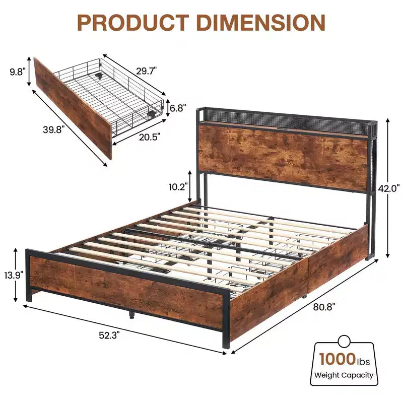 Cadre de lit avec rangement et station de recharge, avec 4 tiroirs de rangement, tête de lit, ports USB et Type-C, grands paniers en maille, sommier tapissier non requis