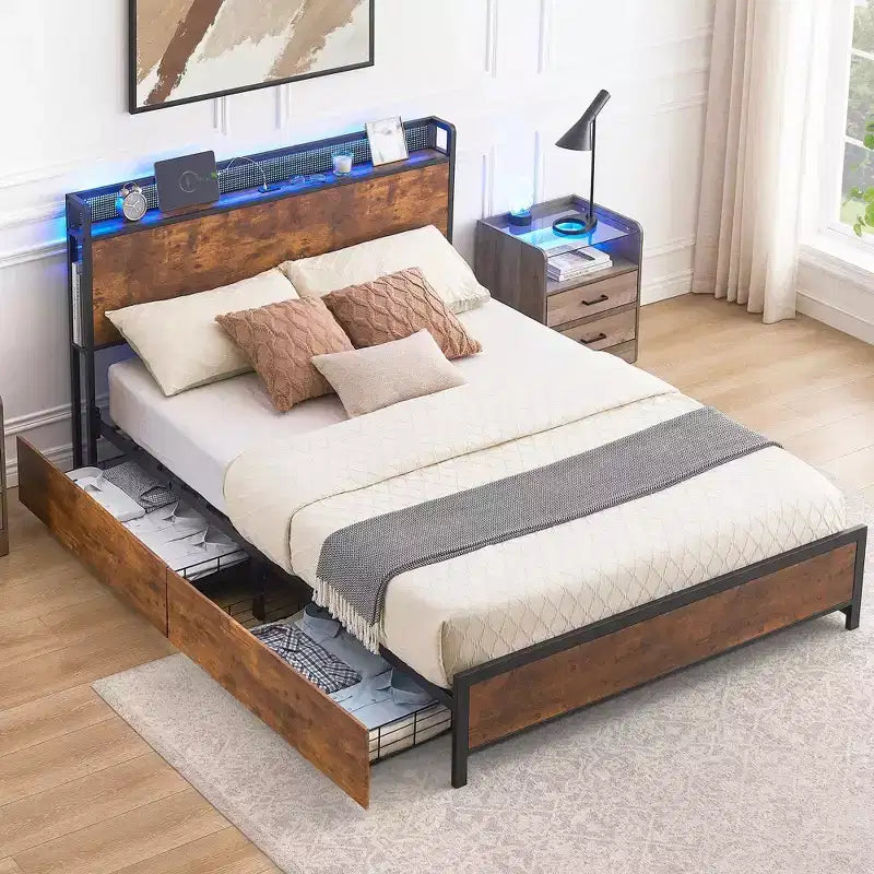 Cadre de lit avec rangement et station de recharge, avec 4 tiroirs de rangement, tête de lit, ports USB et Type-C, grands paniers en maille, sommier tapissier non requis