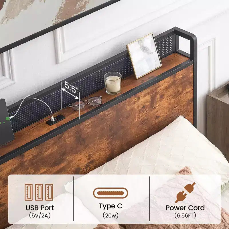 Cadre de lit avec rangement et station de recharge, avec 4 tiroirs de rangement, tête de lit, ports USB et Type-C, grands paniers en maille, sommier tapissier non requis