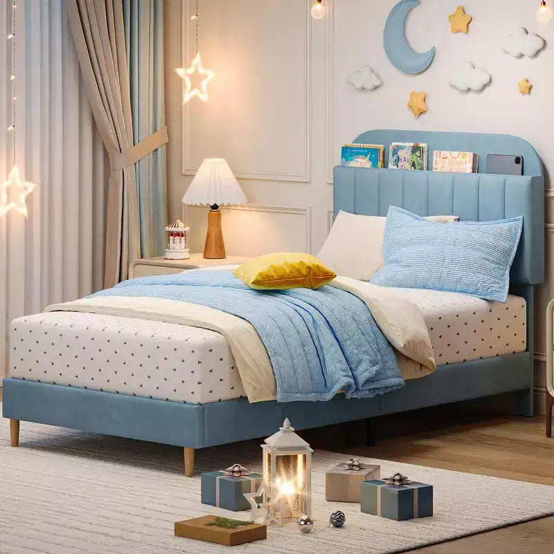 Lit enfant, cadre de lit simple rembourré avec tête de lit de rangement et sommier à lattes, rembourré en velours, adapté aux lits pour garçons et filles