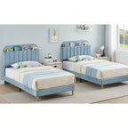 Lit enfant, cadre de lit simple rembourré avec tête de lit de rangement et sommier à lattes, rembourré en velours, adapté aux lits pour garçons et filles