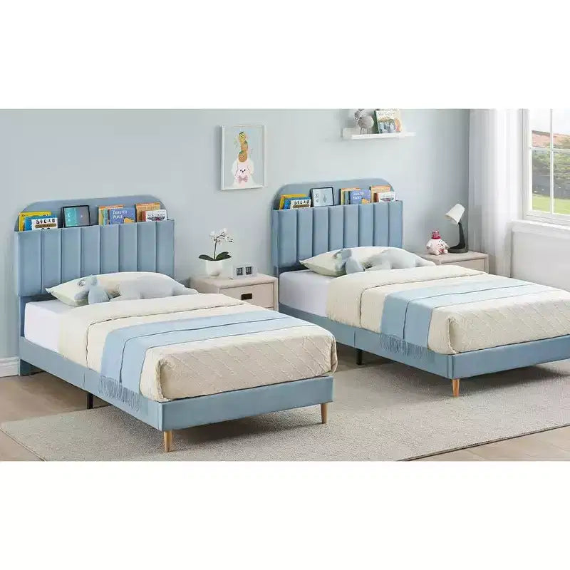 Lit enfant, cadre de lit simple rembourré avec tête de lit de rangement et sommier à lattes, rembourré en velours, adapté aux lits pour garçons et filles