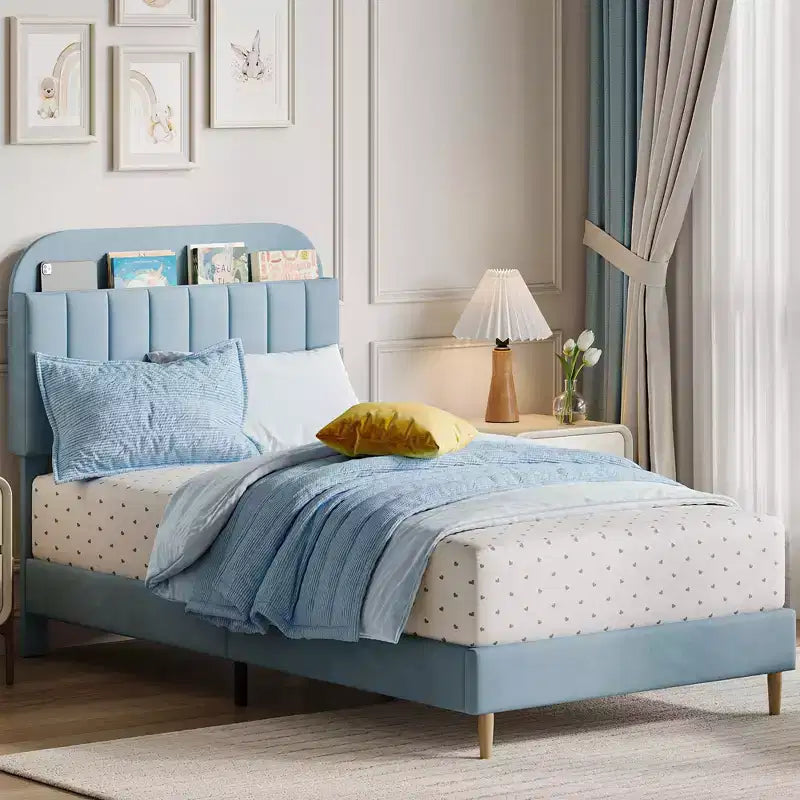 Lit enfant, cadre de lit simple rembourré avec tête de lit de rangement et sommier à lattes, rembourré en velours, adapté aux lits pour garçons et filles