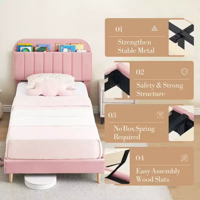 Lit enfant, cadre de lit simple rembourré avec tête de lit de rangement et sommier à lattes, rembourré en velours, adapté aux lits pour garçons et filles