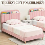Lit enfant, cadre de lit simple rembourré avec tête de lit de rangement et sommier à lattes, rembourré en velours, adapté aux lits pour garçons et filles