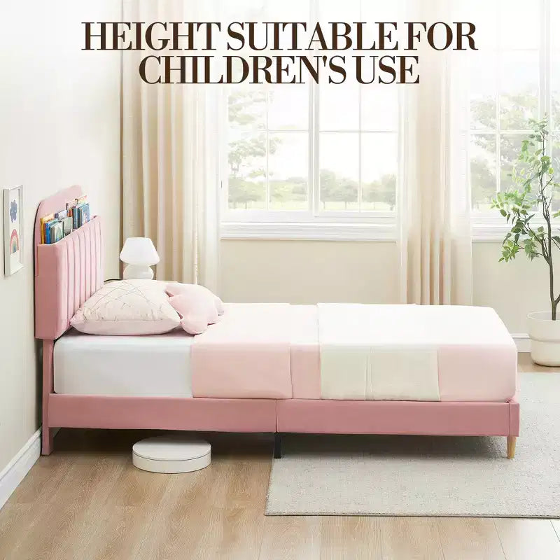 Lit enfant, cadre de lit simple rembourré avec tête de lit de rangement et sommier à lattes, rembourré en velours, adapté aux lits pour garçons et filles