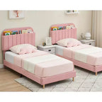Lit enfant, cadre de lit simple rembourré avec tête de lit de rangement et sommier à lattes, rembourré en velours, adapté aux lits pour garçons et filles
