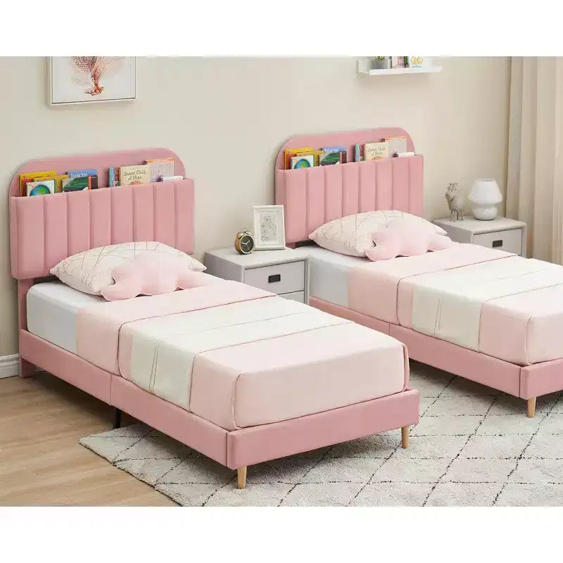 Lit enfant, cadre de lit simple rembourré avec tête de lit de rangement et sommier à lattes, rembourré en velours, adapté aux lits pour garçons et filles