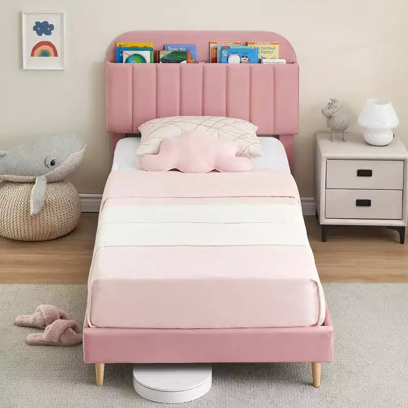 Lit enfant, cadre de lit simple rembourré avec tête de lit de rangement et sommier à lattes, rembourré en velours, adapté aux lits pour garçons et filles