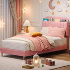 Lit enfant, cadre de lit simple rembourré avec tête de lit de rangement et sommier à lattes, rembourré en velours, adapté aux lits pour garçons et filles