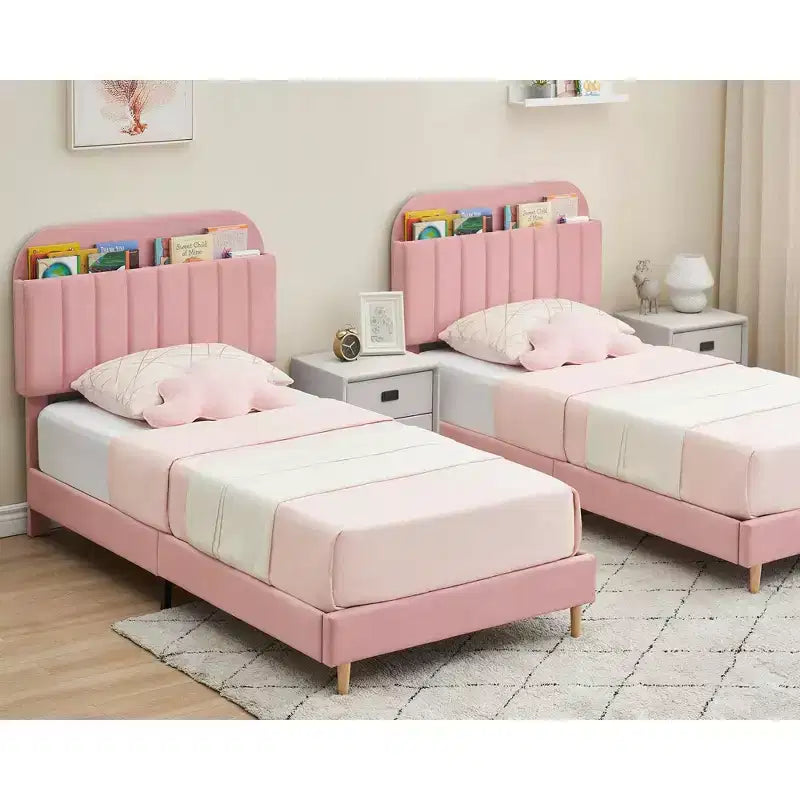 Lit enfant, cadre de lit simple rembourré avec tête de lit de rangement et sommier à lattes, rembourré en velours, adapté aux lits pour garçons et filles