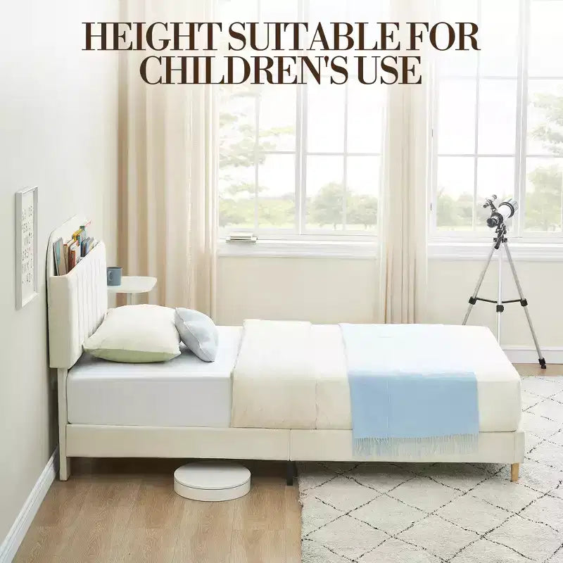 Lit enfant, cadre de lit simple rembourré avec tête de lit de rangement et sommier à lattes, rembourré en velours, adapté aux lits pour garçons et filles