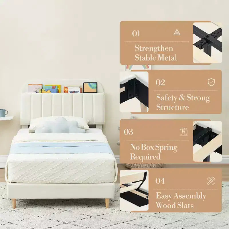 Lit enfant, cadre de lit simple rembourré avec tête de lit de rangement et sommier à lattes, rembourré en velours, adapté aux lits pour garçons et filles