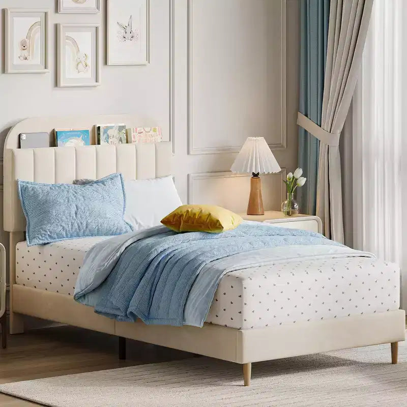 Lit enfant, cadre de lit simple rembourré avec tête de lit de rangement et sommier à lattes, rembourré en velours, adapté aux lits pour garçons et filles