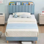 Lit enfant, cadre de lit simple rembourré avec tête de lit de rangement et sommier à lattes, rembourré en velours, adapté aux lits pour garçons et filles