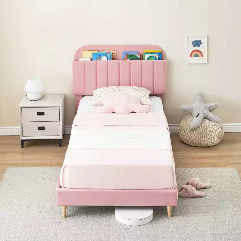 Lit enfant, cadre de lit simple rembourré avec tête de lit de rangement et sommier à lattes, rembourré en velours, adapté aux lits pour garçons et filles
