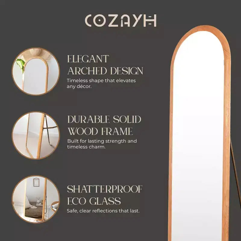 Miroir sur pied arqué COZAYH, cadre en bois massif, 151,1 x 40,6 cm