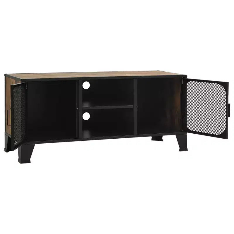 Meuble TV industriel CLIHOME et table console avec 2 portes en maille métallique, meuble de divertissement avec armoire de rangement