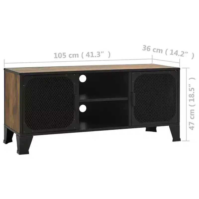 Meuble TV industriel CLIHOME et table console avec 2 portes en maille métallique, meuble de divertissement avec armoire de rangement