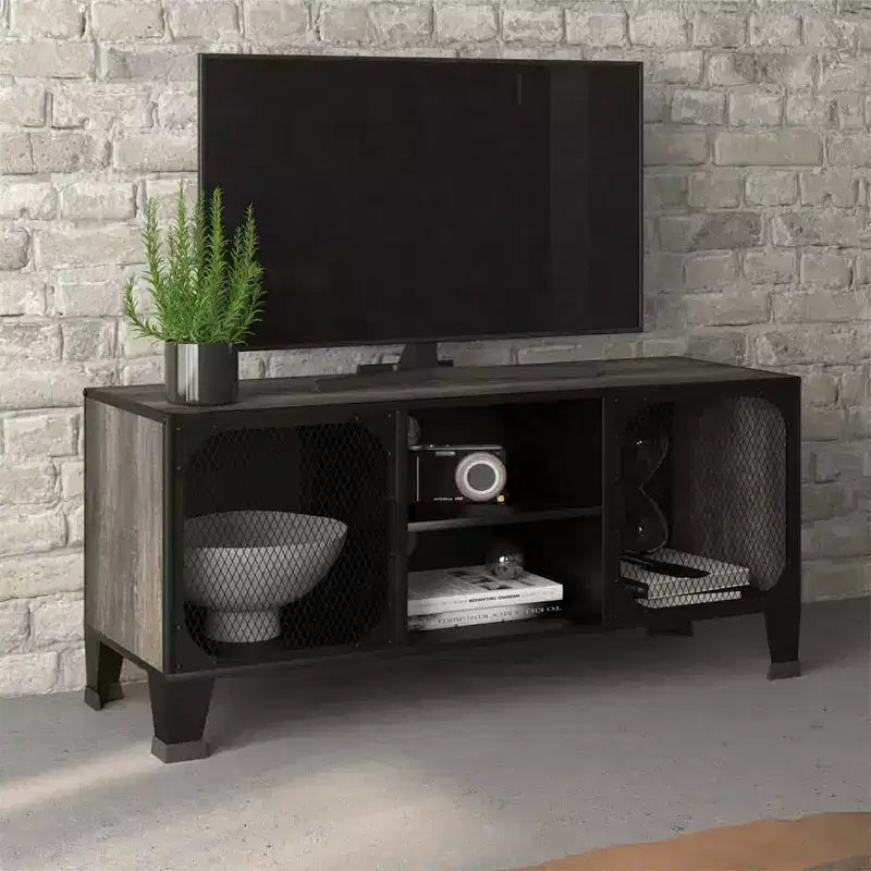 Meuble TV industriel CLIHOME et table console avec 2 portes en maille métallique, meuble de divertissement avec armoire de rangement